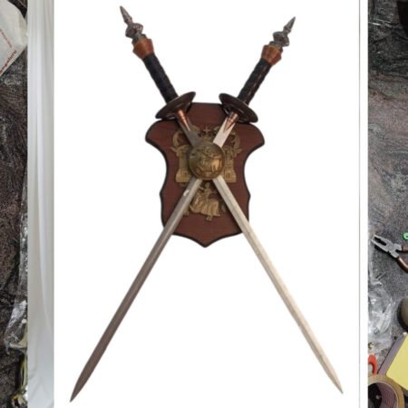 Decorative Twin Crossed Swords with Wooden Shield Mount | Royal Wall Display Set | Traditional Metal Sword Replica | Home & Office Décor 3 feet (pack of 2)